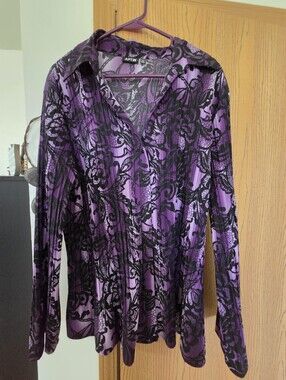 Apt. 9 Purple and Black Lace-Pattern Button Front Top